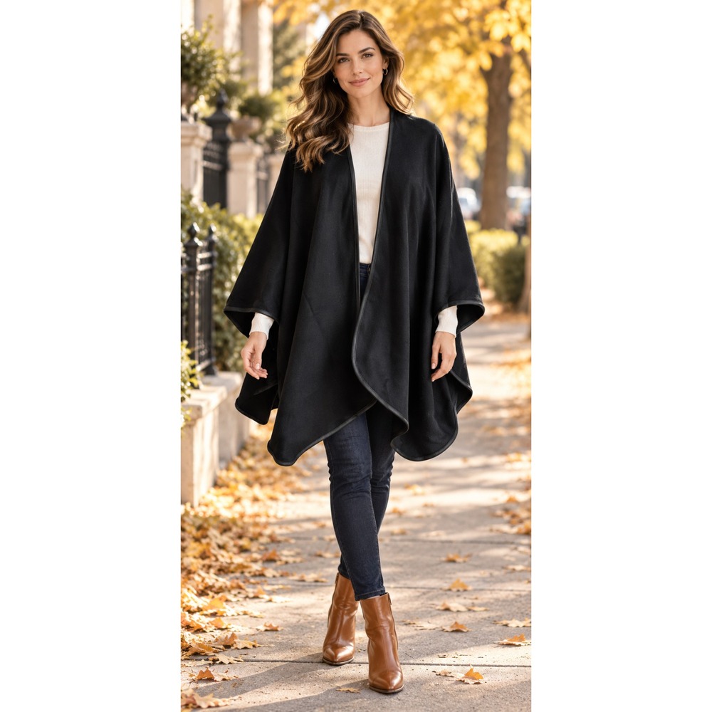 New SOFIA CASHMERE 100% Cashmere With Leather Trim Shawl Cape Wrap